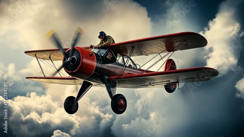Vintage biplane soaring through dramatic clouds with pilot focused