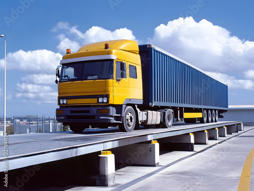 A truck or trailer carrying cargo undergoes a weighing procedure on truck scales. Neural network AI generated art