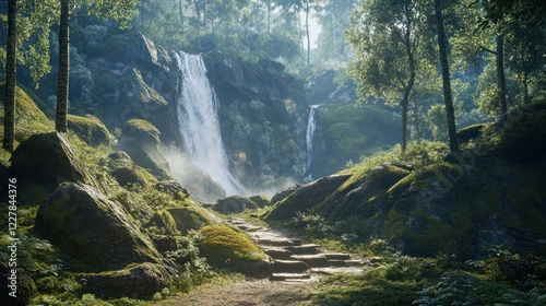 Forest waterfall path, sunlit, mossy rocks, nature background, game asset
