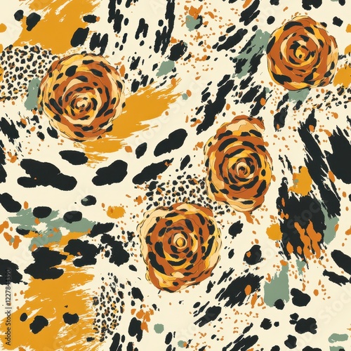 Abstract Floral Pattern with Orange and Black Brushstrokes on Cream Background