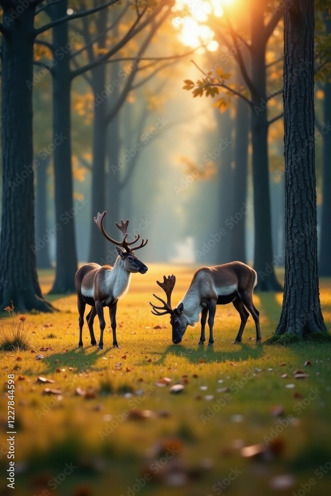 Obraz premium Reindeer grazing under trees, northern, reindeer