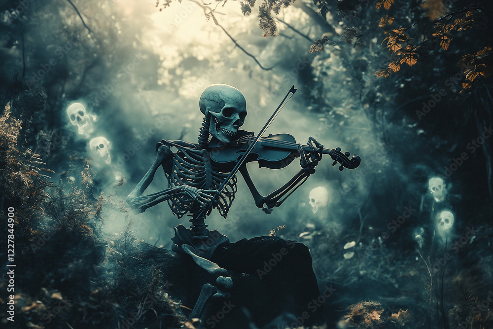 Fototapeta premium Eerie Skeleton Man in Formal Suit on Foggy Deserted Street with Spooky Atmosphere and Surreal Gothic Vibes for Halloween or Horror Concepts