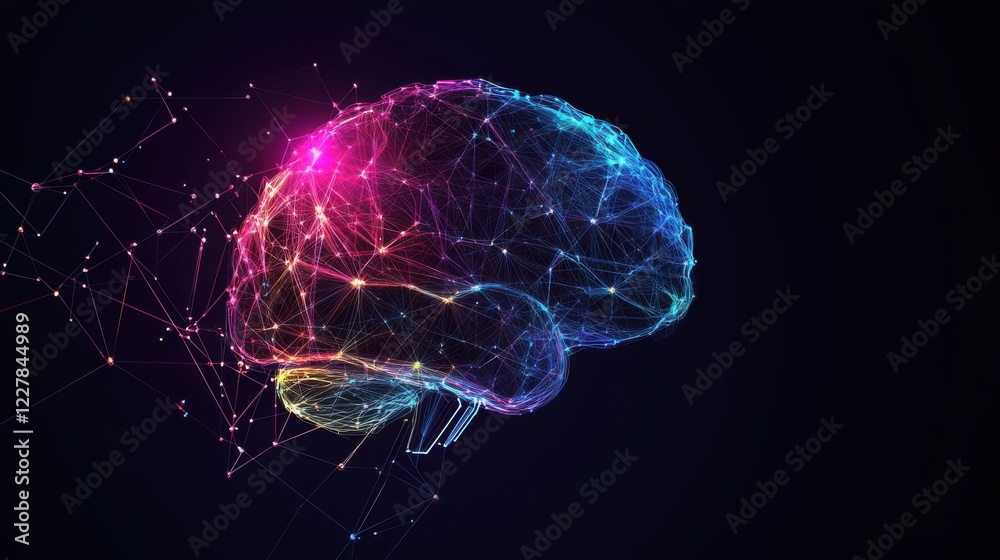 An abstract image of a human brain with interconnected neurons represented by glowing lines and nodes against a dark background, Tech style, photo of An abstract image of a human brain with interconnected neurons represented by glowing lines and nodes against a dark background, Tech style, photo of