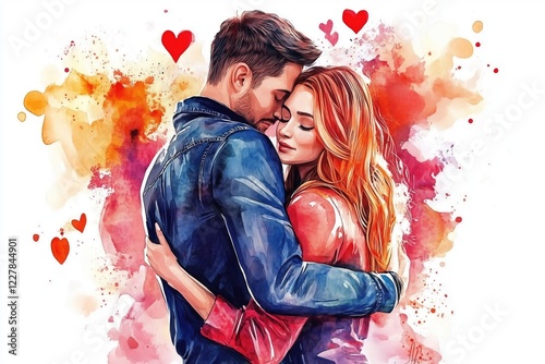 Watercolor painting of a romantic couple. Perfect for themes of romance, passion and artistic expression.