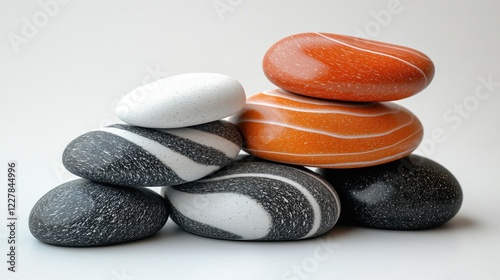 A visually striking arrangement of smooth, colorful stones in a balanced stack, with distinct black, white, and orange patterns, creating an artistic composition. photo