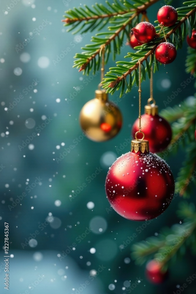 Red berries and gold ornaments dangle from a evergreen branch amidst snowflakes, snowflakes, evergreen Red berries and gold ornaments dangle from a evergreen branch amidst snowflakes, snowflakes, evergreen