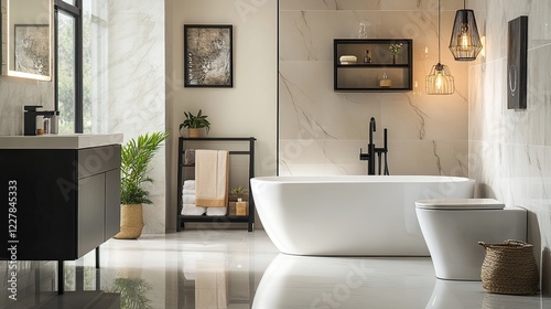 Modern bathroom interior design, freestanding tub, marble wall, natural light, home decor