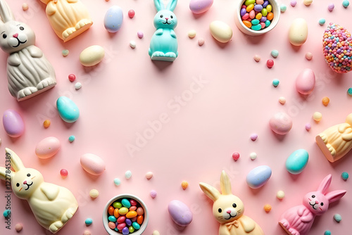 Wallpaper Mural A vibrant arrangement of Easter candies, chocolate bunnies, jelly beans, and colorful eggs on a pastel background, perfect for a fun and sweet Easter theme Torontodigital.ca