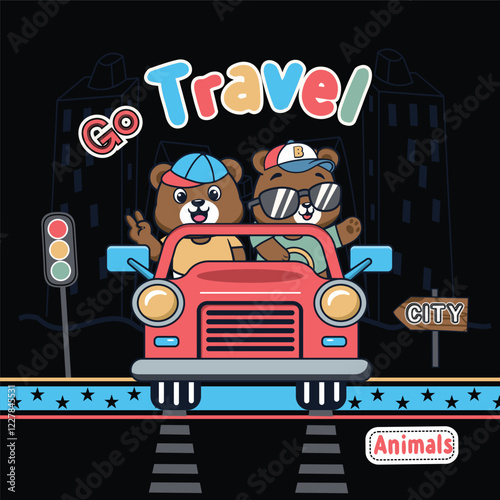 Cute animal character traveling in a car on a joyful road trip. Vector illustration.
