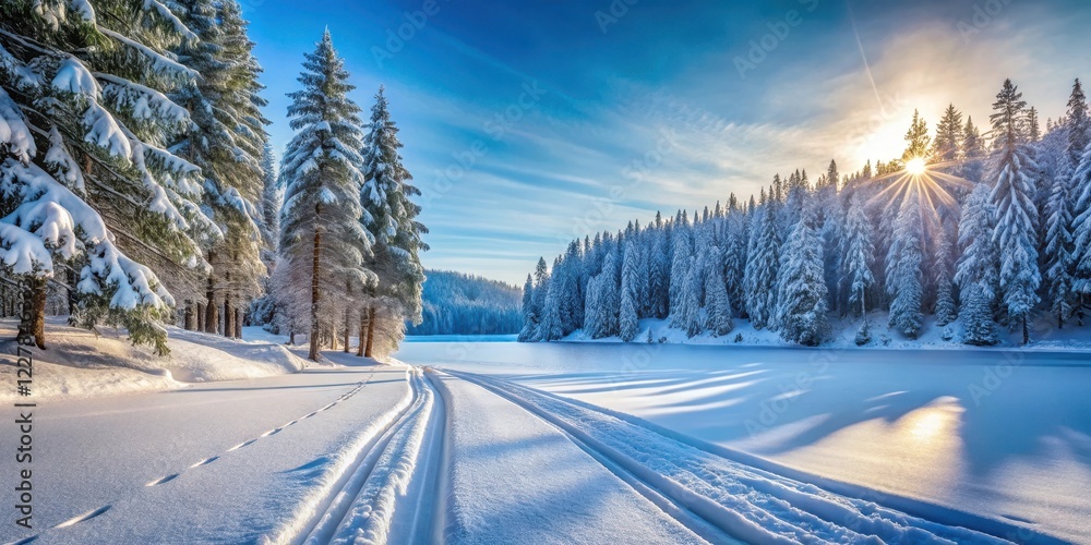 Fototapeta premium Snow-covered road with tire tracks in winter landscape, surrounded by evergreen trees and a frozen lake , tire tracks, road