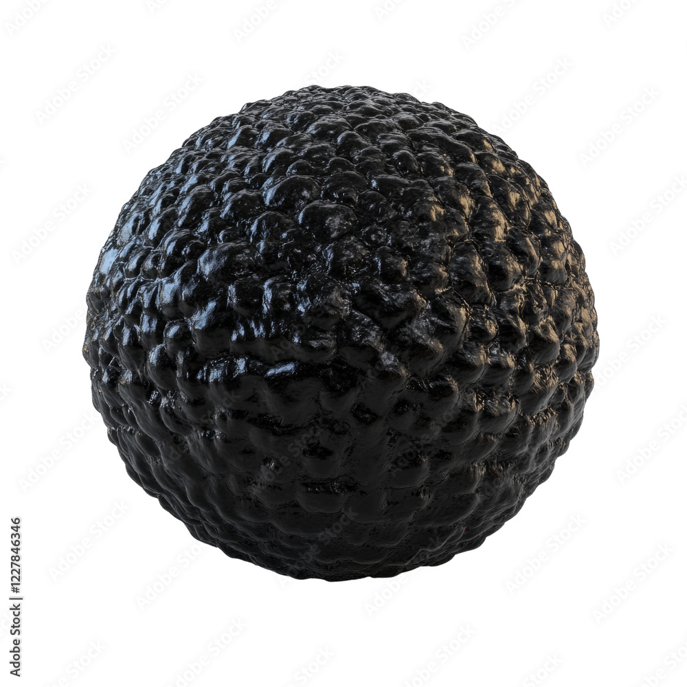 A digitally rendered image shows a dark sphere with a rough, textured surface resembling a rocky or bumpy substance. A digitally rendered image shows a dark sphere with a rough, textured surface resembling a rocky or bumpy substance.