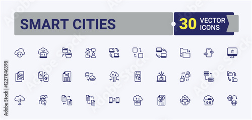 Set of Data Exchange line icons. Includes thin line report, connect, innovation, computer, server, storage, network and more. Isolated icons design. Editable vector icon and illustration.