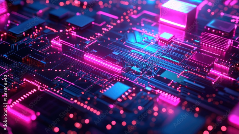 Abstract circuit board, glowing neon, technology, futuristic background, digital art
