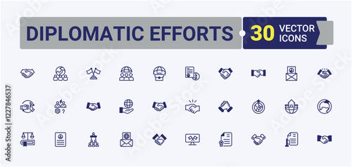 Diplomatic Efforts icon set. It contains symbols to partners, solution, Diplomacy, conflict, contract, icon, summit and more. Outline symbol collection. Vector outline and solid icons collection.