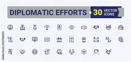 Diplomatic Efforts icon set. It contains symbols to partners, solution, Diplomacy, conflict, contract, icon, summit and more. Outline symbol collection. Vector outline and solid icons collection.