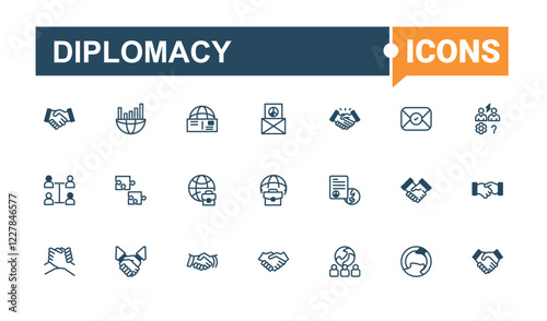 Diplomacy linear icon collection. Icons consulate, handshake, negotiation, diplomatic, partners, justice, democracy, neutrality. Vector outline and solid icons collection.