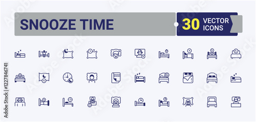 Snooze Time icons set in linear style. Icons pillow, dream, dreamlike, Bed, star, clock, table, lifestyles, window. Icons for UI. Solid line editable stroke. Vector line and solid icons.