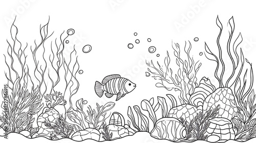 Set of sea underwater creatures outline on white background Hand drawn thin line doodle illustration photo