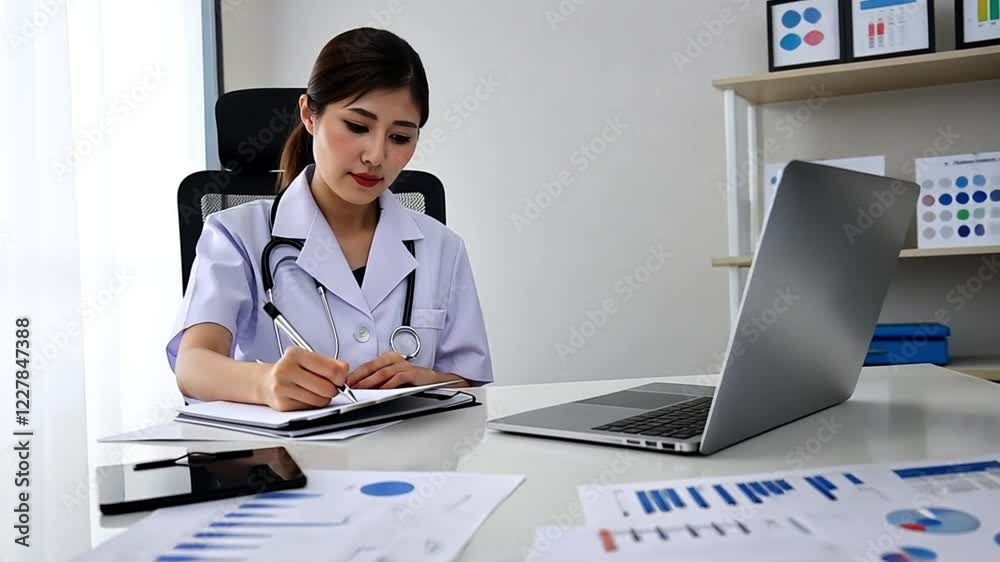 Medical report writing or Nurse diagnosing in clinic office paperwork using laptop Medical report writing or Nurse diagnosing in clinic office paperwork using laptop