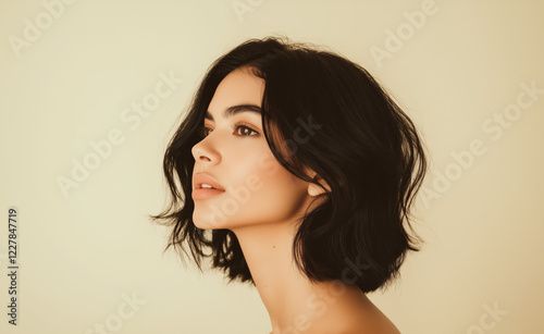 Profile view of a woman with short black hair and radiant skin, exuding elegance and timeless beauty against a soft beige background