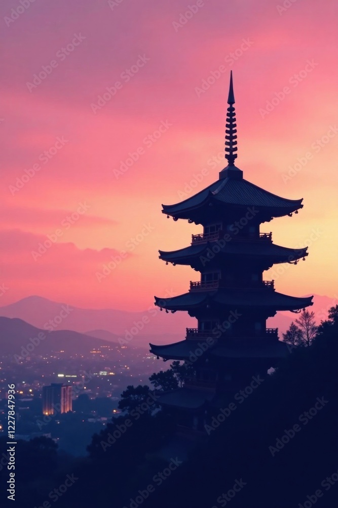 Peaceful pagoda silhouette against a soft pink and peach sky at dusk, soft pastel colors, serene Peaceful pagoda silhouette against a soft pink and peach sky at dusk, soft pastel colors, serene