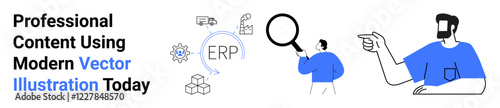 Person with magnifying glass examines ERP-related icons thumbs up gear, factory, truck, warehouse, and packages. Ideal for technology, logistics, supply chain, business analysis teamwork flat