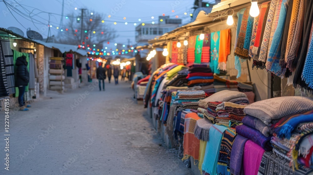 Fototapeta premium Colorful Textiles for Sale in Vibrant Evening Market Scene