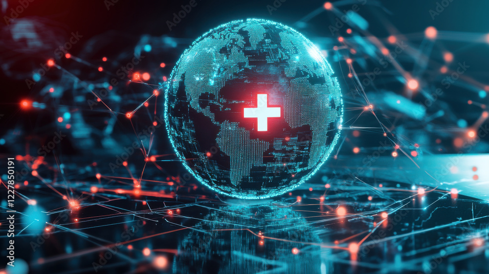Fototapeta premium abstract representation of global healthcare connectivity, featuring digital globe with medical cross symbol. image conveys sense of innovation and interconnectedness in health services