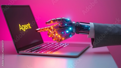 An autonomous robot AI agent gives a helping hand symbolizing agentic teamwork and collaboration using autonomy in the workforce for enhanced productivity as a team