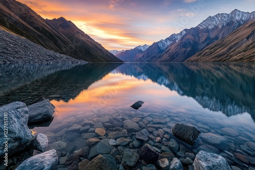 A clear mountain lake surrounded by rocky peaks, reflecting the vivid hues of a sunset sky photo