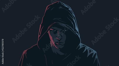 Intense Hooded Man Staring at Camera in Dark Environment