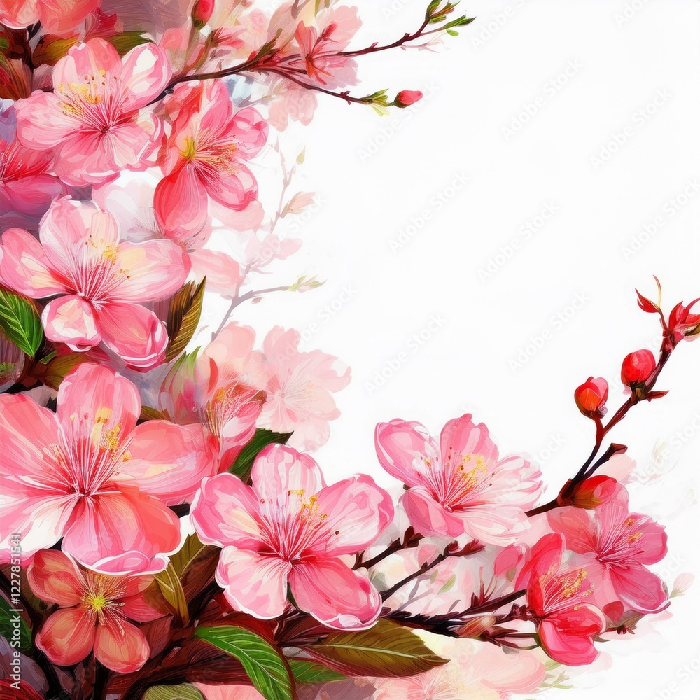 Obraz premium Illustration of beautiful close up cherry blossom border in springtime on white background with space for text