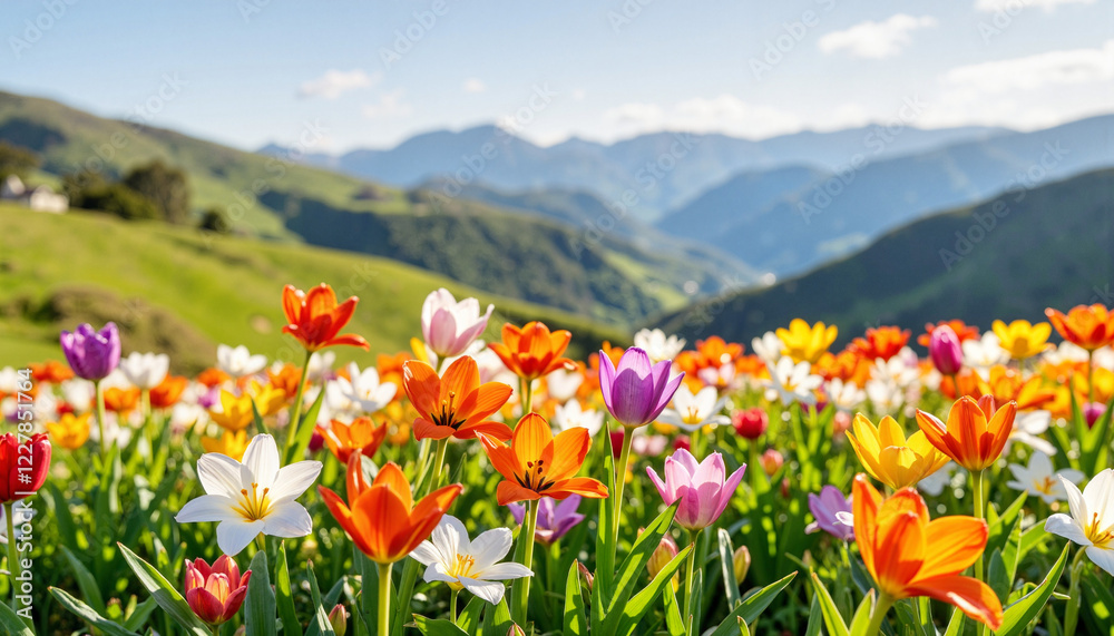 Obraz premium Colorful tulip field blooming on hillside, vibrant spring landscape