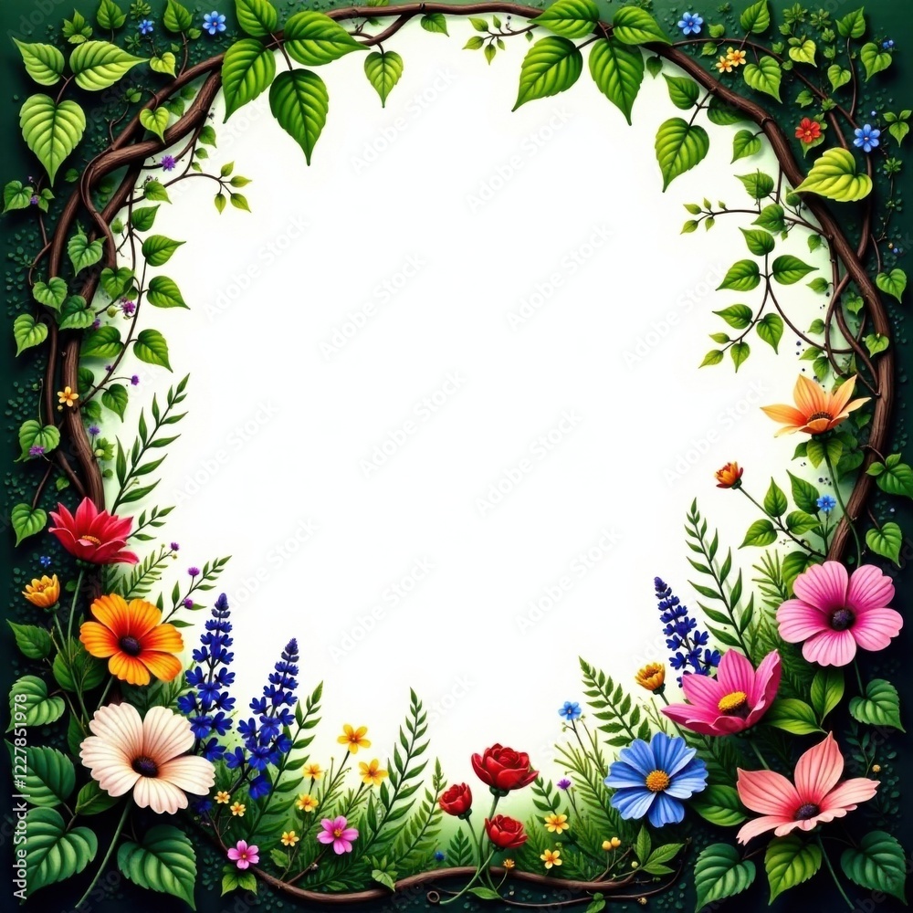 Fototapeta premium Overgrown garden with wildflowers and vines, green, flowers