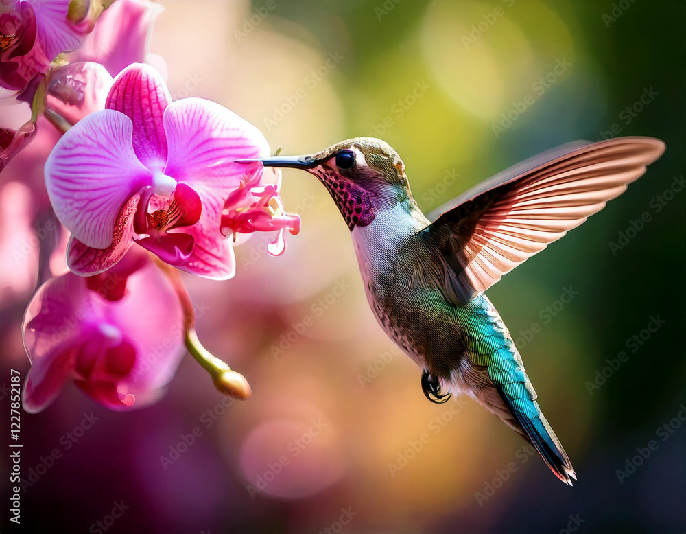 Obraz premium A hummingbird is perched on a pink flower. The bird is drinking nectar from the flower
