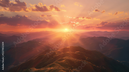 A breathtaking sunset over a mountainous landscape. photo