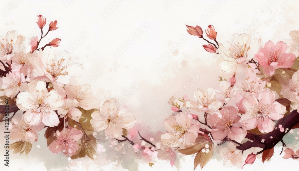 Obraz premium Illustration of beautiful close up cherry blossom border in springtime on white background with space for text