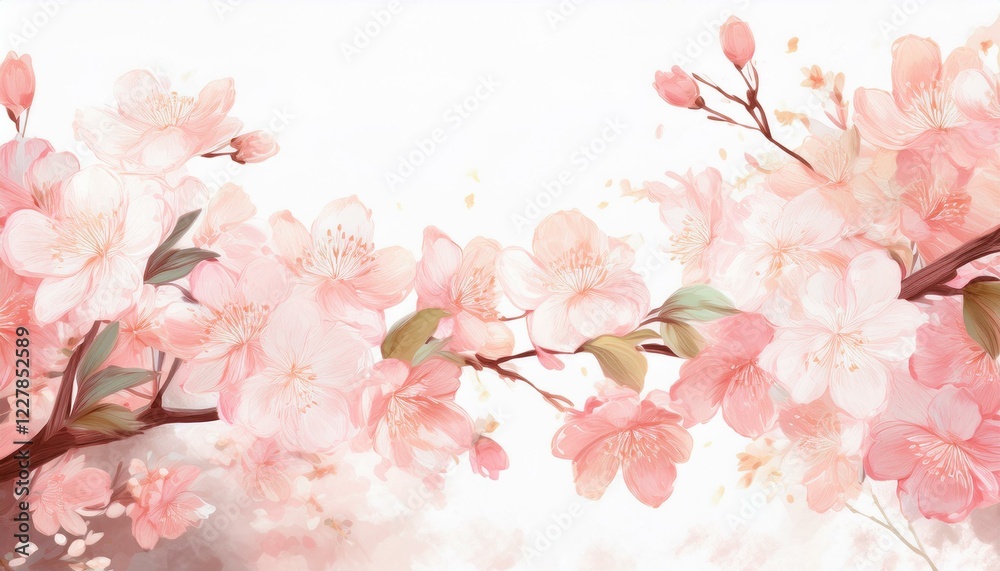 Illustration of beautiful close up cherry blossom border in springtime on white background with space for text Illustration of beautiful close up cherry blossom border in springtime on white background with space for text