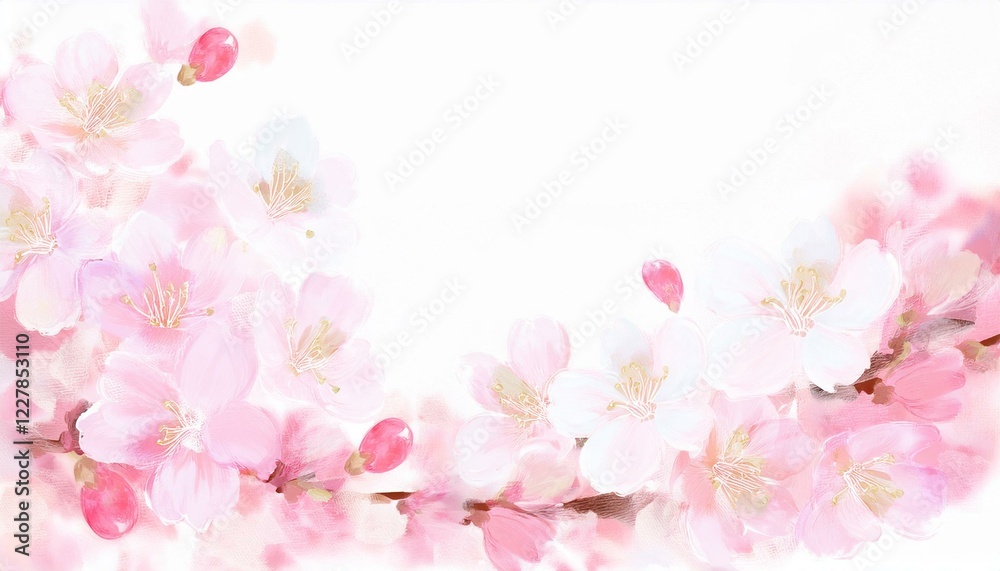 Fototapeta premium Illustration of beautiful close up cherry blossom border in springtime on white background with space for text
