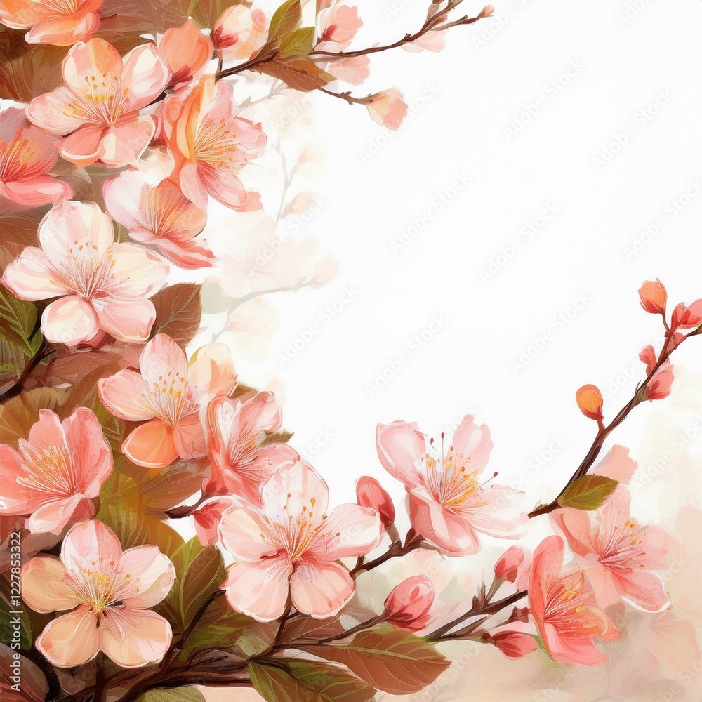 Obraz premium Illustration of beautiful close up cherry blossom border in springtime on white background with space for text
