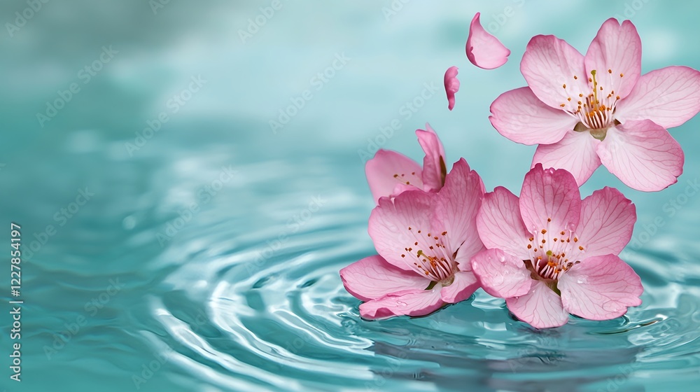 Delicate Pink Cherry Blossoms Floating on Calm Aqua Water Surface Delicate Pink Cherry Blossoms Floating on Calm Aqua Water Surface