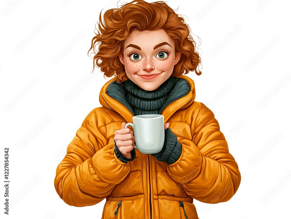 Obraz premium Cheerful Young Woman in Warm Jacket Holding a Coffee Cup