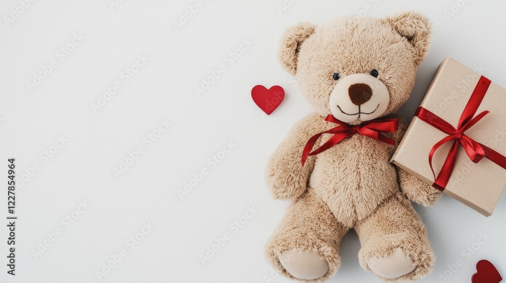 Self-Care Valentine Gifts for a Romantic Touch. Teddy bear with a gift and hearts on a textured white background. Self-Care Valentine Gifts for a Romantic Touch. Teddy bear with a gift and hearts on a textured white background.