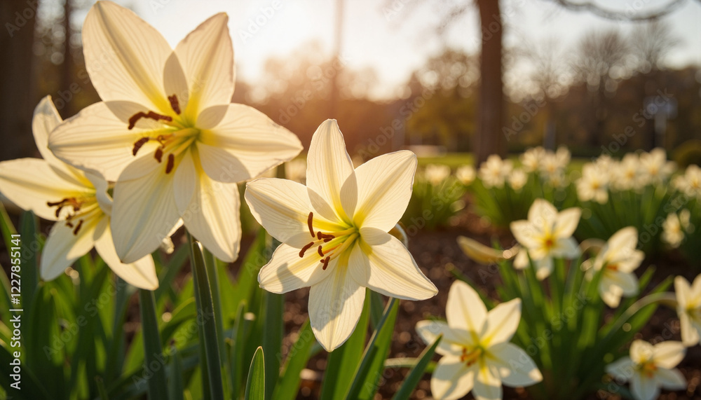Easter lilies blooming in peaceful garden at twilight, serene beauty Easter lilies blooming in peaceful garden at twilight, serene beauty