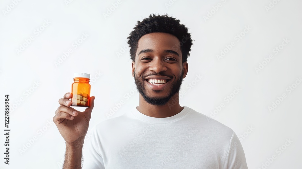 Smiling Man with Medication Bottle in Bright Setting Smiling Man with Medication Bottle in Bright Setting