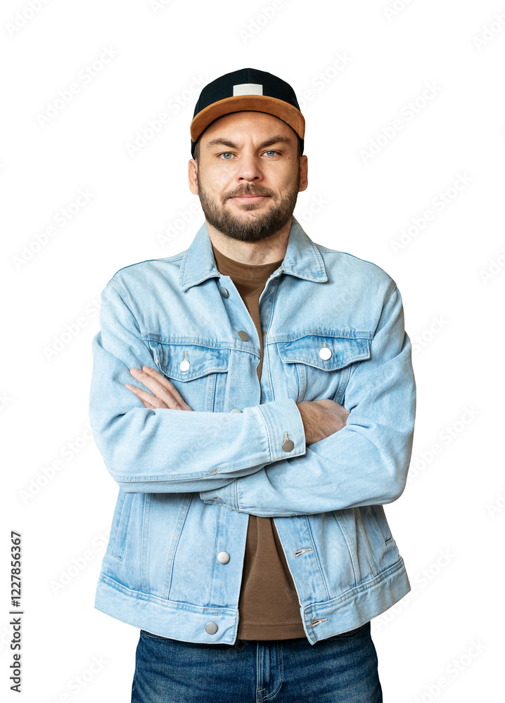 Cutout of young adult man with short beard wearing denim jacket and snapback cap standing with arms crossed. Cutout of young adult man with short beard wearing denim jacket and snapback cap standing with arms crossed.