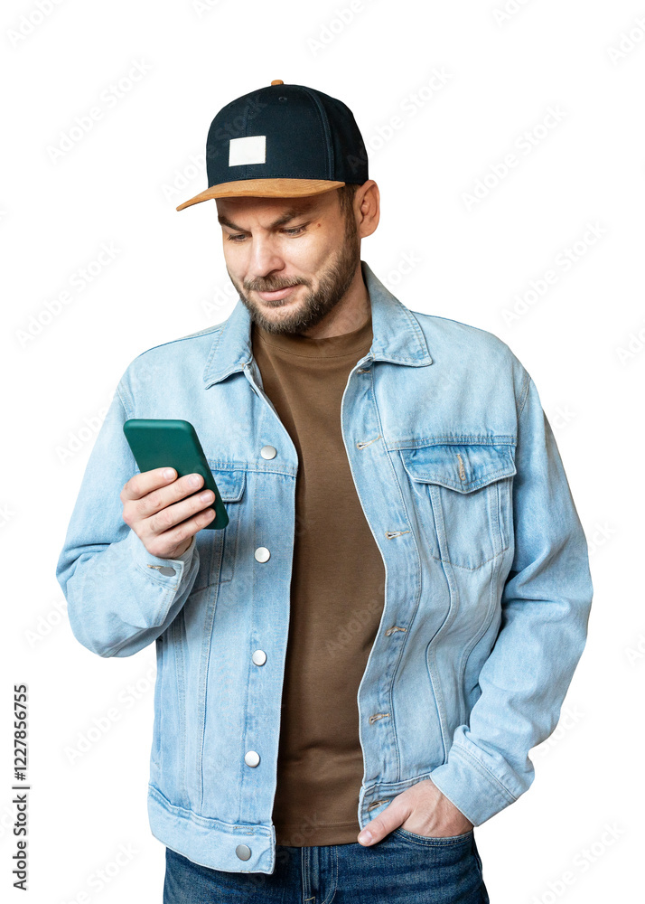 Isolated of young adult man with short beard wearing denim jacket and snapback cap using mobile phone Isolated of young adult man with short beard wearing denim jacket and snapback cap using mobile phone