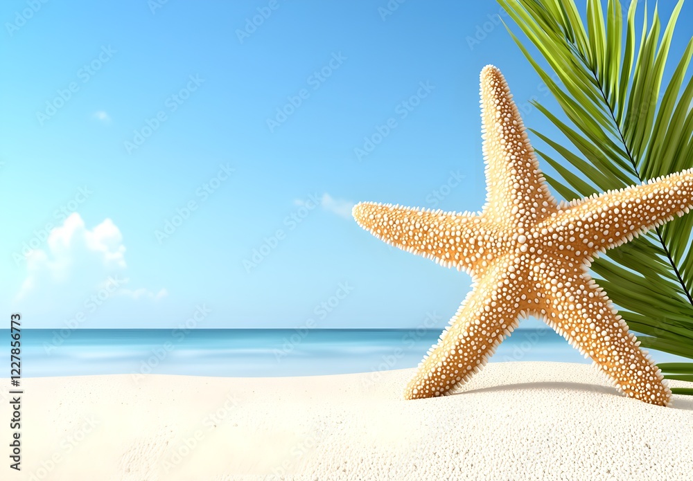 Starfish on Sandy Beach with Palm Leaf Under Clear Blue Sky Starfish on Sandy Beach with Palm Leaf Under Clear Blue Sky