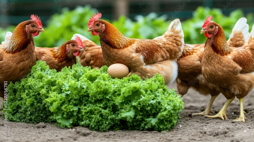 Fototapeta premium Chickens foraging around fresh lettuce and a freshly laid egg in a rustic farm setting during daytime