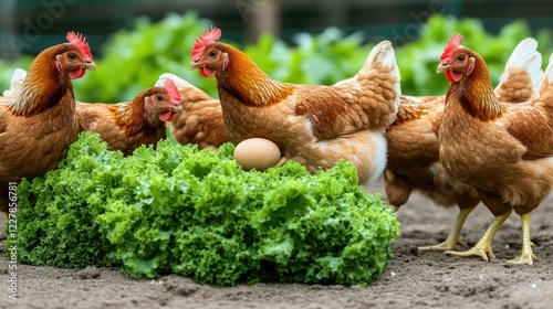 Chickens foraging around fresh lettuce and a freshly laid egg in a rustic farm setting during daytime photo